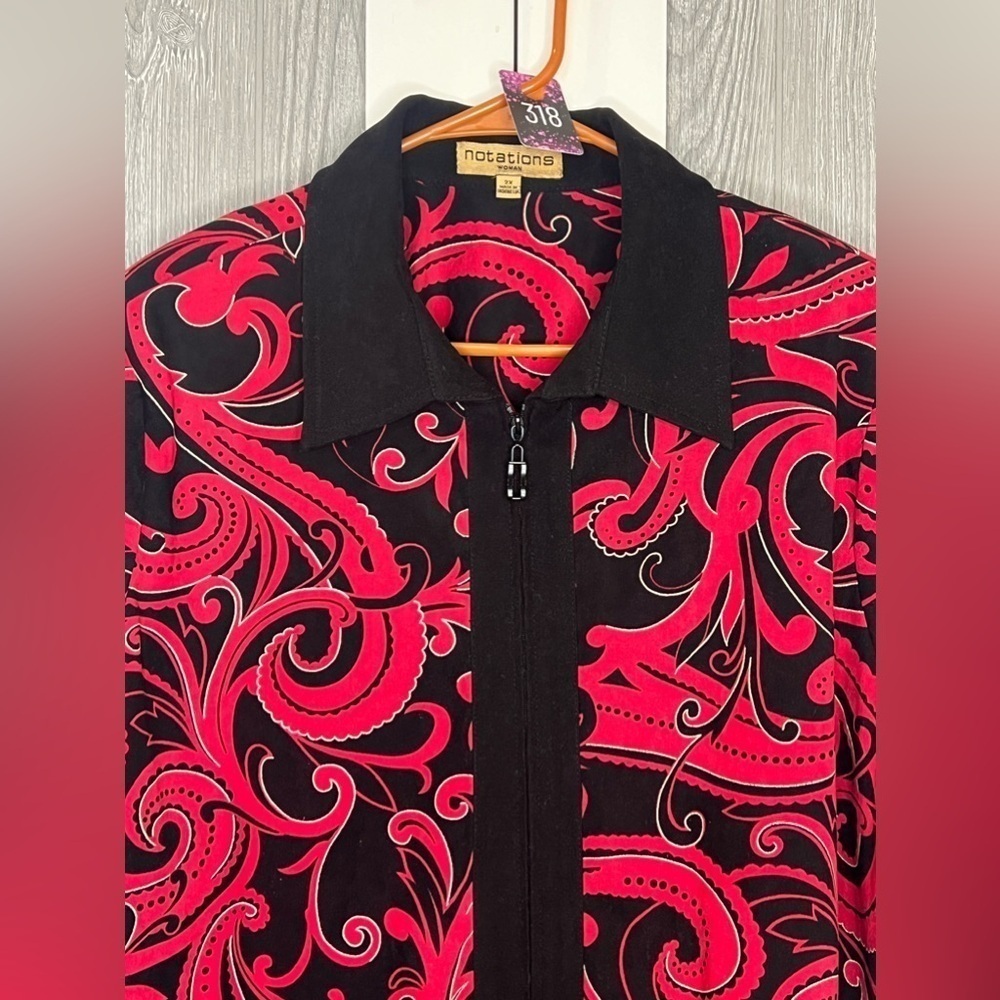 318. Notations Full Zip Blazer/Jacket Red Black Paisley 2X - Picture 2 of 4